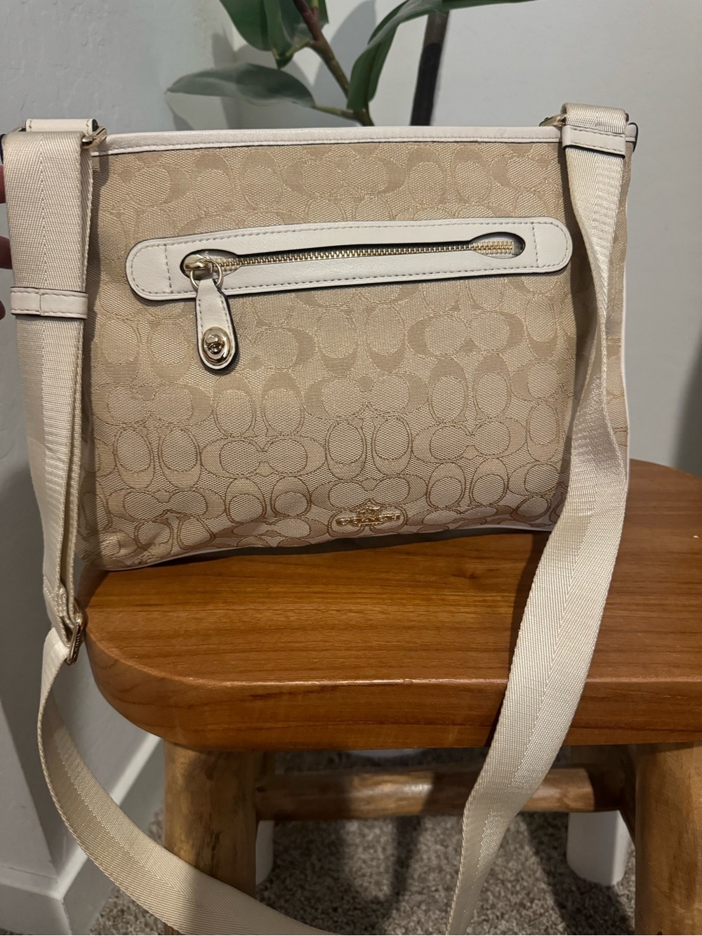Coach Beige Signature Canvas Crossbody Bag with Cream Trim